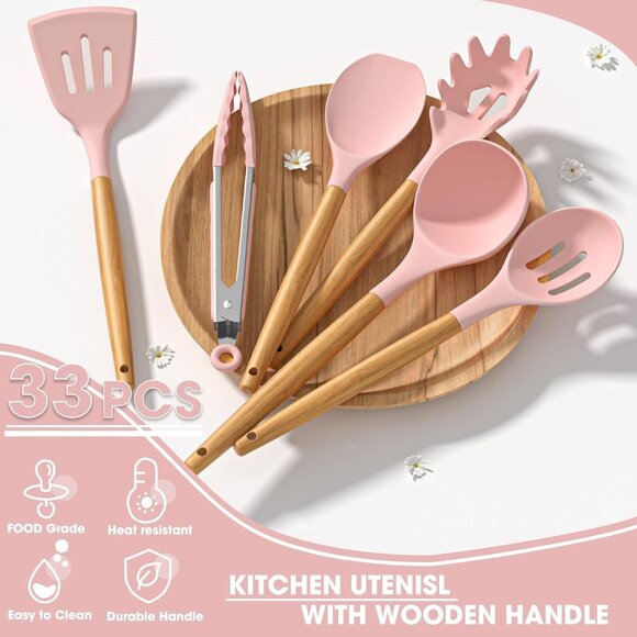 33 pcs Non-Stick Silicone Cooking Kitchen Utensils Spatula Pink Set with Holder - Picture 8 of 9
